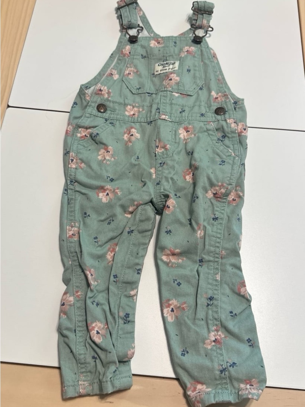 OshKosh B’gosh Green Pink Floral Overalls 12m